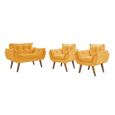 Conjunto Poltrona Pés Madeira Opalla D Salla Suede Amarelo