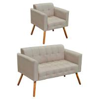 Kit 01 Namoradeira e 01 Poltrona Elisa Suede Bege Pés - 1