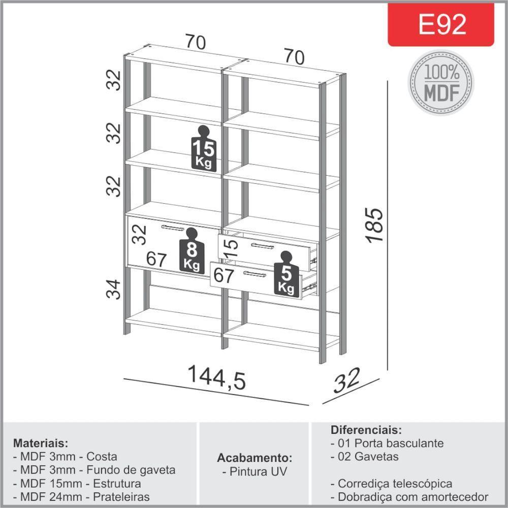 Estante P- Livros 2 Gavetas 1 Porta Freijó-Preto 145 X 32 X - 4