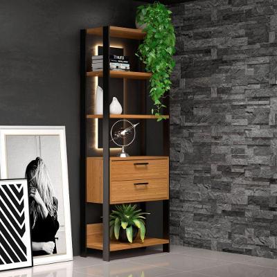 Estante E91 5 Prateleiras 2 Gavetas MDF 73cm Freijó Preto Dalla Costa Móveis