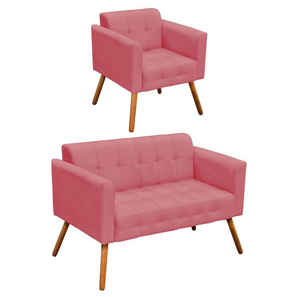 Kit 01 Namoradeira e 01 Poltrona Elisa Suede Rose Pés - 1