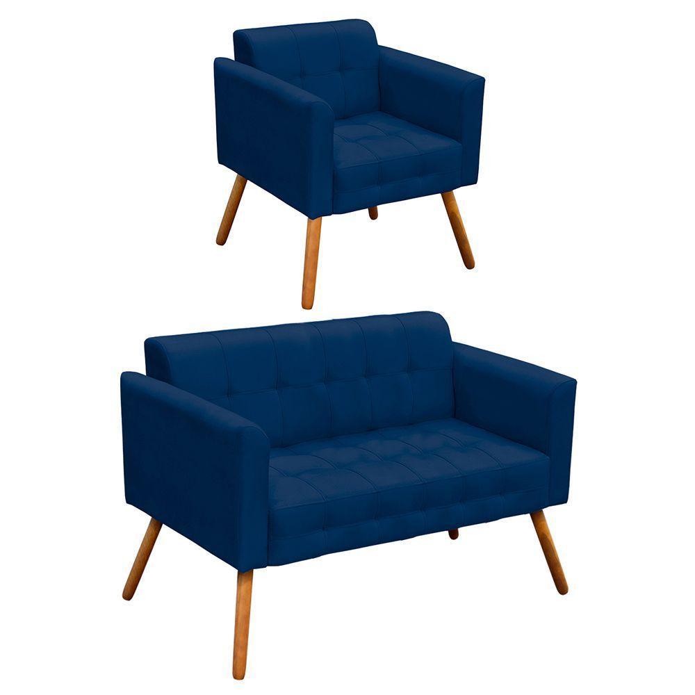 Kit 01 Namoradeira e 01 Poltrona Elisa Suede Azul Marinho - 1