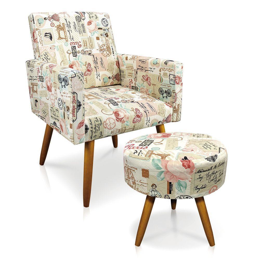 Kit 01 Poltrona e 01 Puff Larissa Retrô Rosa D61 - 1