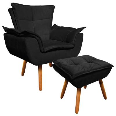 Kit 01 Poltrona com 01 Puff Opala Suede Preto Pés Palito