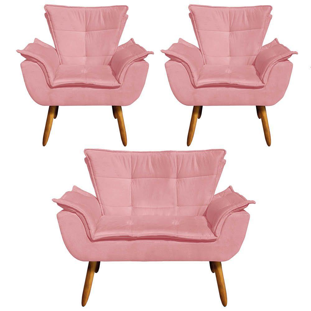 Kit 01 Namoradeira e 02 Poltronas Opala Suede Pés Palito - 1