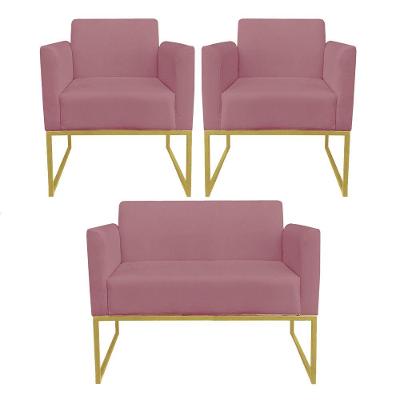 Kit 01 Namoradeira E 02 Poltronas Metálica Dourado Rose