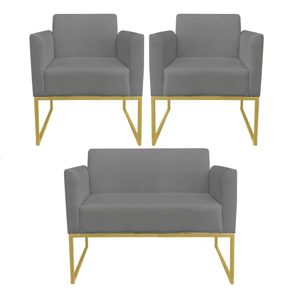 Kit 01 Namoradeira e 02 Poltronas Marisa Suede Base - 1