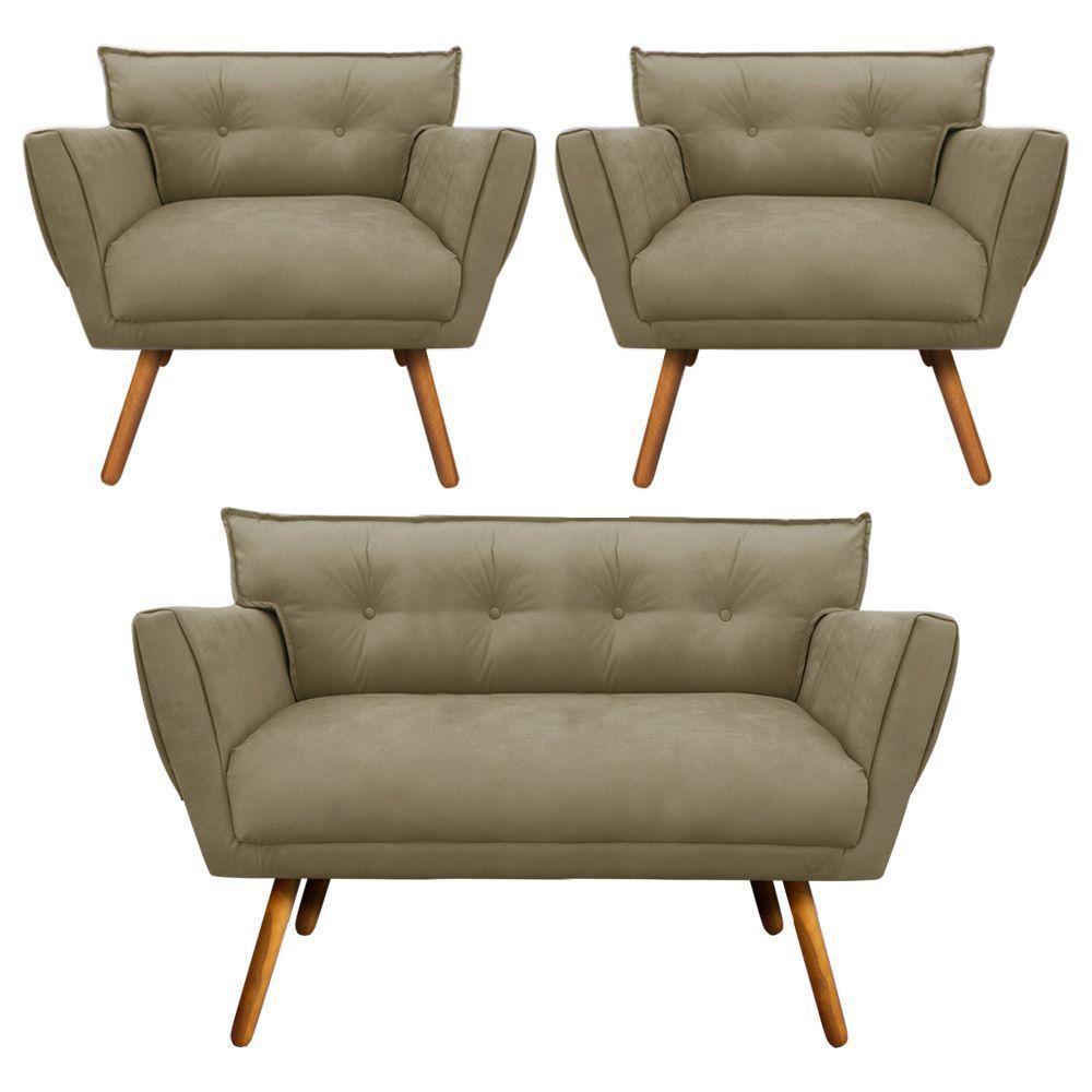 Kit 01 Namoradeira e 02 Poltronas Anitta Suede Pés Palito - 1