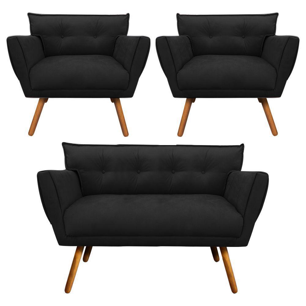 Kit 01 Namoradeira e 02 Poltronas Anitta Suede Pés Palito - 1