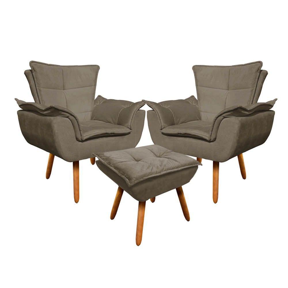 Kit 02 Poltronas Opala Com 01 Puff Opala Suede Marrom Rato - 1