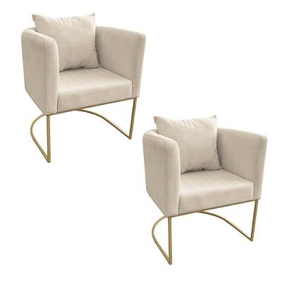 Kit 02 Poltronas Linho Base Metálica Dourado Grosso Bege
