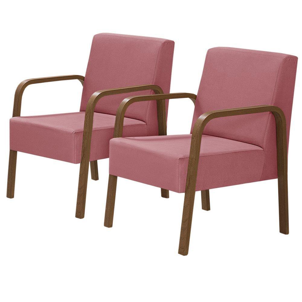 Kit 2 Poltrona 1 Lugar Jade Braço Madeira Suede Rosa - 1