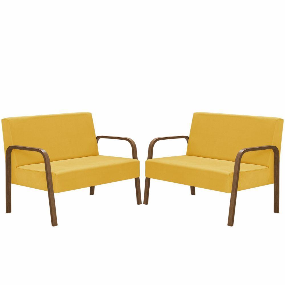 Kit 2 Namoradeiras Jade Braço Madeira Suede Amarelo - 1