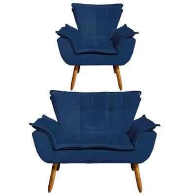 Kit 1 Namoradeira e 1 Poltrona Opala Suede Azul Marinho
