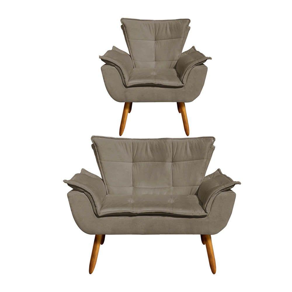 Kit 1 Namoradeira e 1 Poltrona Opala Suede Marrom Rato - 1