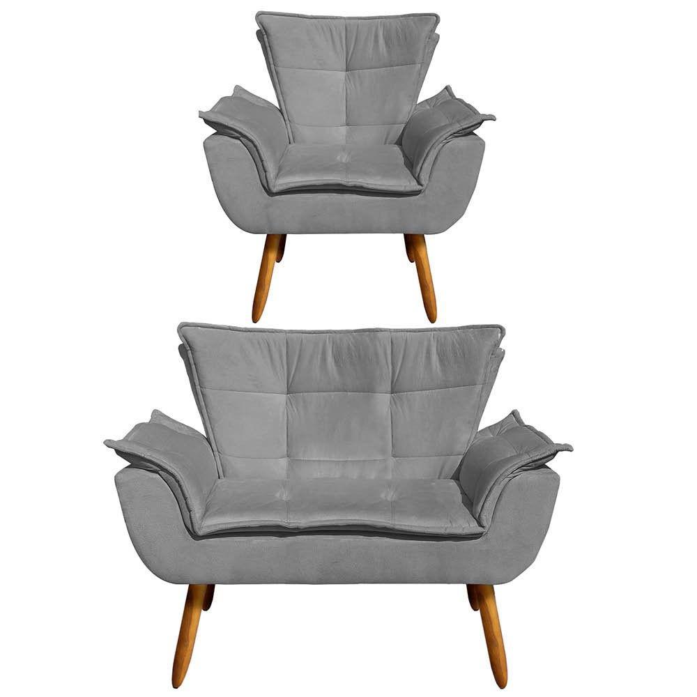 Kit 1 Namoradeira e 1 Poltrona Opala Suede Grafite - 1