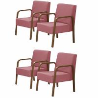 Kit 4 Poltrona 1 Lugar Jade Braço Madeira Suede Rosa - 1