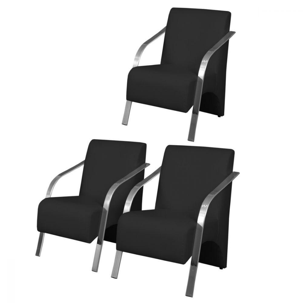 Kit 3 Poltrona Vênus 1 Lugar Pé Alumínio Dsalla Corino Preto - 1