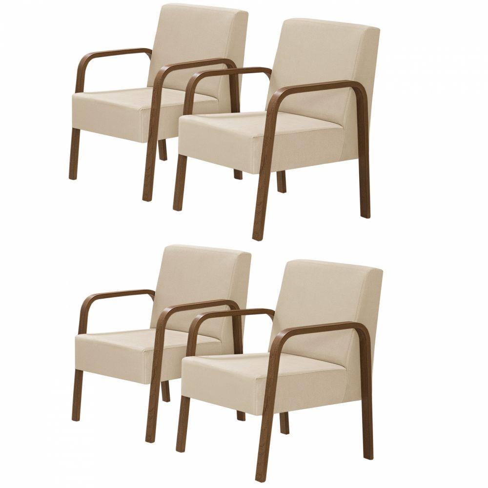 Kit 4 Poltrona 1 Lugar Jade Braço Madeira Suede Bege - 1