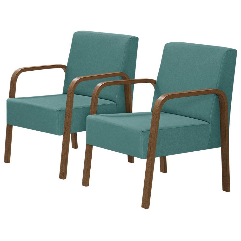 Kit 2 Poltronas 1 Lugar Jade Braço Madeira Turquesa - 1