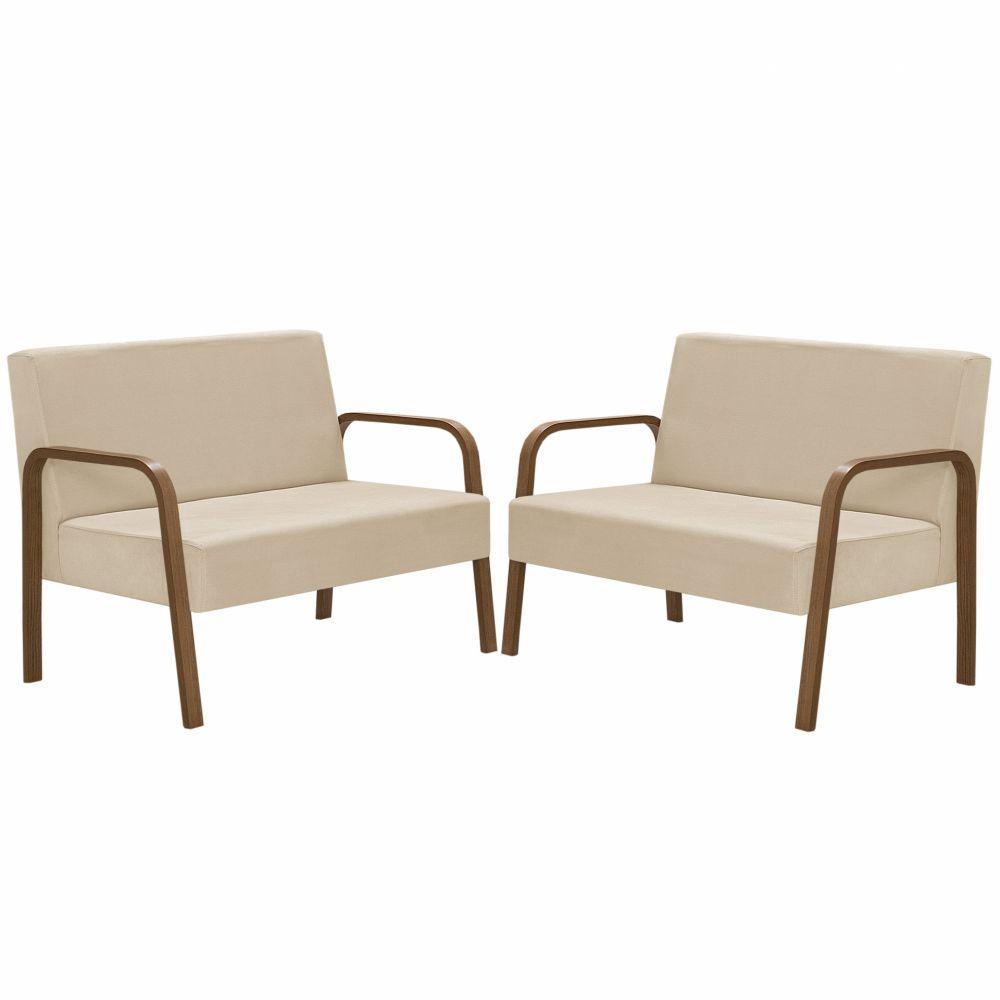 Kit Poltrona 2 Namoradeiras Jade Braço Madeira Bege. - 1
