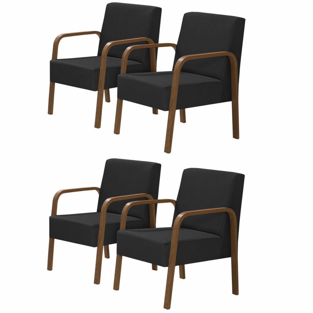 Kit 4 Poltronas 1 Lugar Jade Pé Madeira Suede Preto - 1