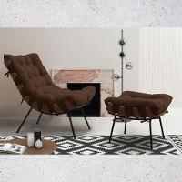 Poltrona Costela Com Puff Tecido Marrom - 1