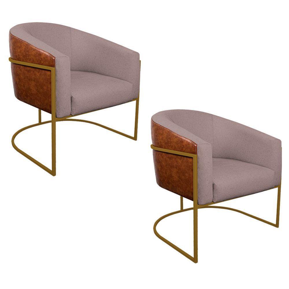 Kit 02 Poltronas Ferro Dourado Corano Nozes E Linho Rosê - 1