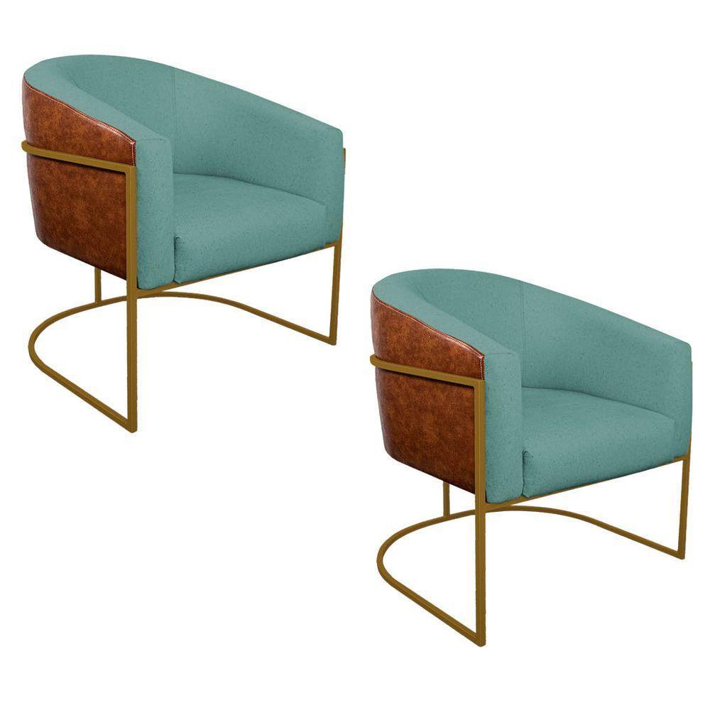Kit 02 Poltronas Ferro Dourado Corano Nozes E Linho Azul Turquesa - 1