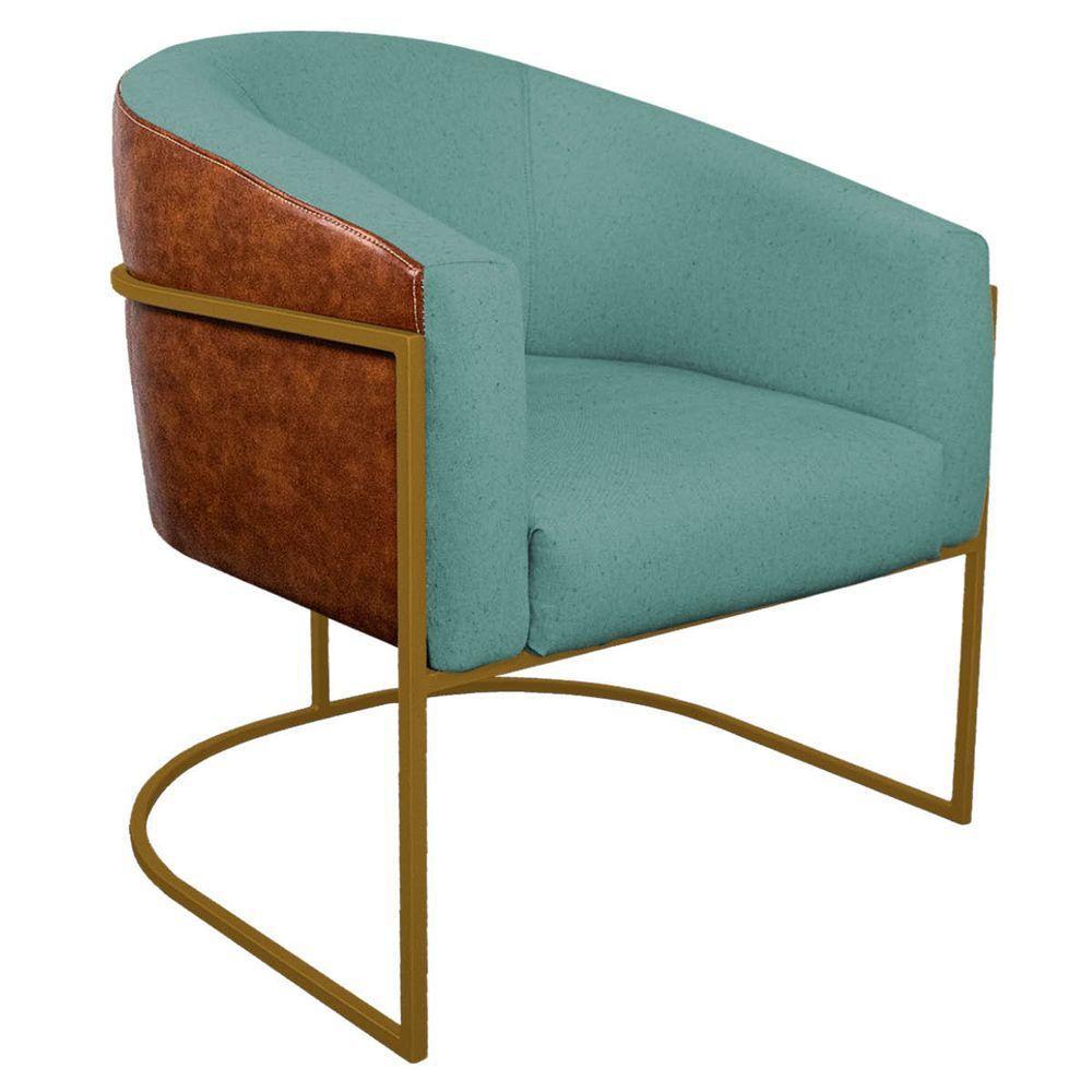 Kit 02 Poltronas Ferro Dourado Corano Nozes E Linho Azul Turquesa - 5