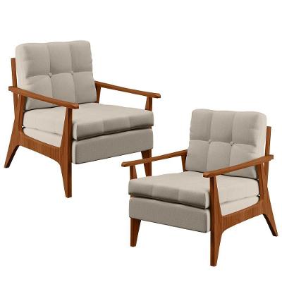 Kit 2 Poltronas Decorativas Emília B04 Encosto Ripado Linho Cru Bege Lyam Decor
