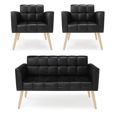 Kit 1 Sofá Namoradeira E 2 Poltronas Elisa Corano Preto Pés Palito Natural - D'rossi