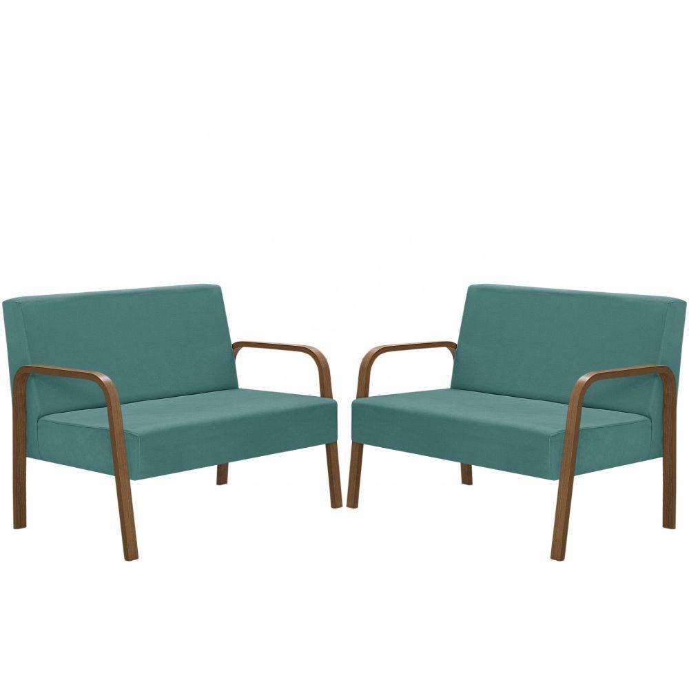 Kit 2 Poltrona 2 Lugares Luna Braço Madeira D Salla Turquesa. - 1
