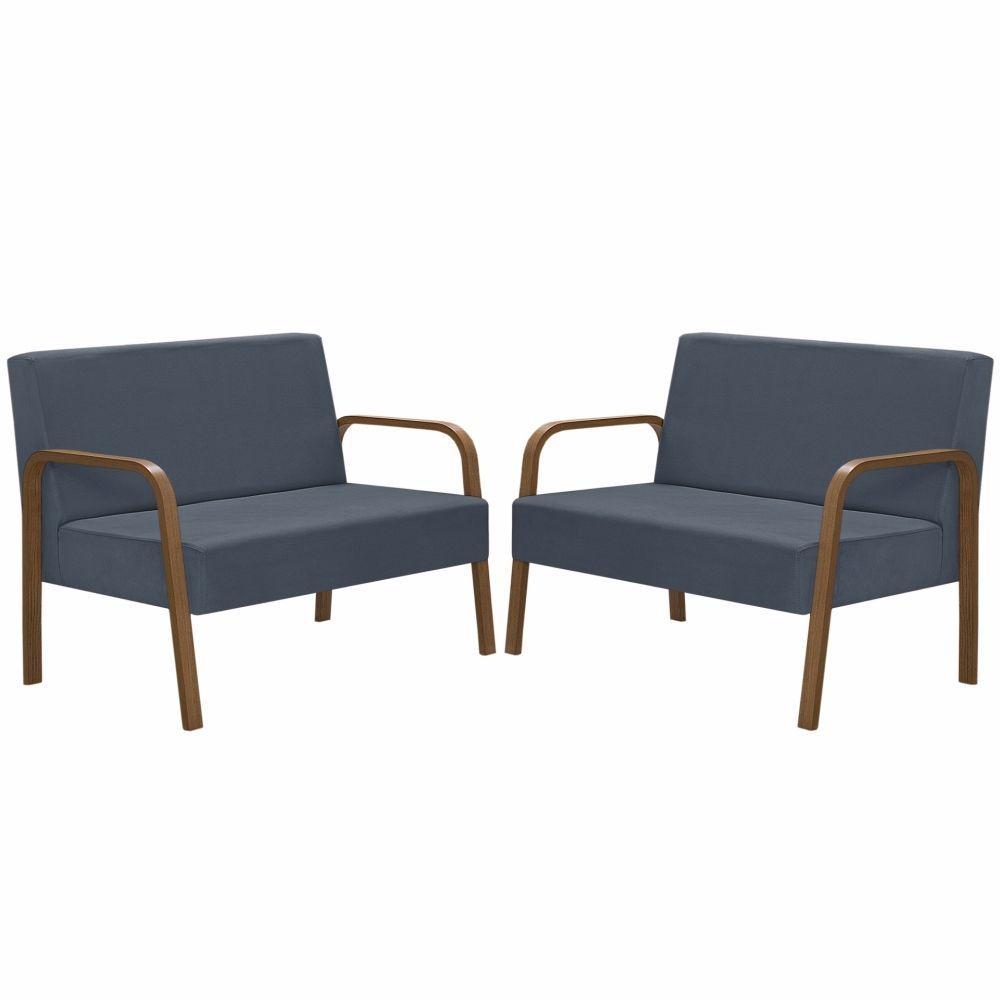 Kit 2 Poltrona 2 Lugares Jade Braço Madeira D Salla Azul Bic. - 1