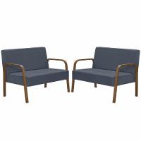 Kit 2 Poltrona 2 Lugares Jade Braço Madeira D Salla Azul Bic. - 1