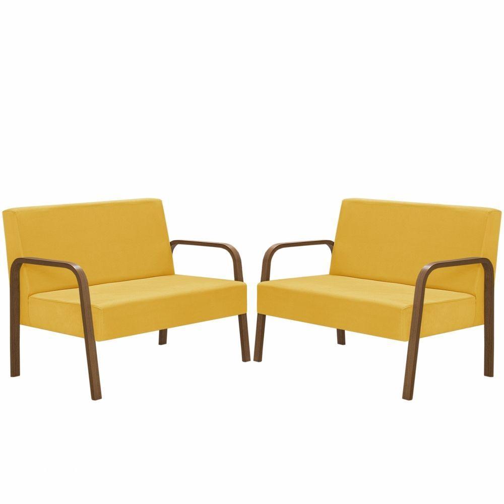 Kit 2 Poltronas 2 Lugaresluna Braço Madeira D Salla Amarelo. - 1
