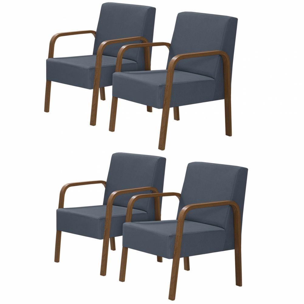 Kit 4 Poltronas 1 Lugar Jade Braço Madeira D Salla Azul Bic. - 1