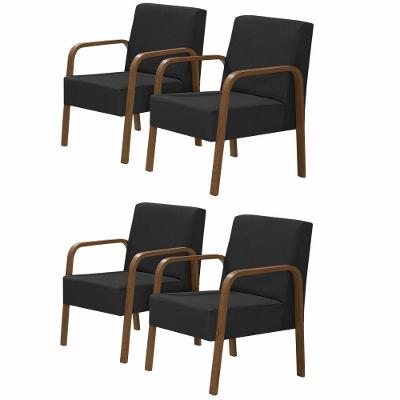 Kit 4 Poltronas 1 Lugar Luna Pé Madeira D Salla Suede Preto.