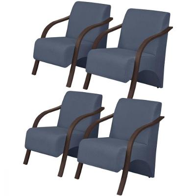 Kit 4 Poltronas 1 Lugar Vênus Pé Madeira D Salla Azul Bic.