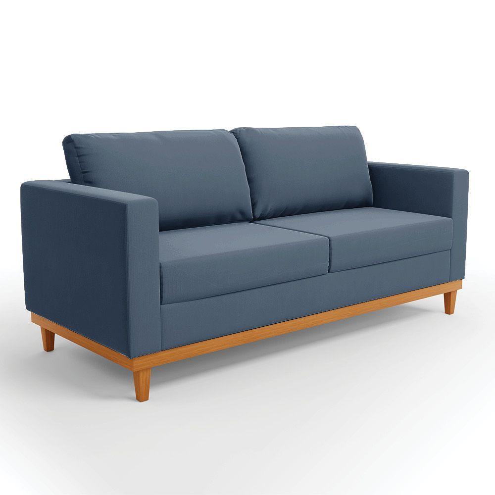 Sofá 03 Lugares Juliette Base Madeira Castanho Azul Marinho - 1