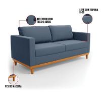 Sofá 03 Lugares Juliette Base Madeira Castanho Azul Marinho