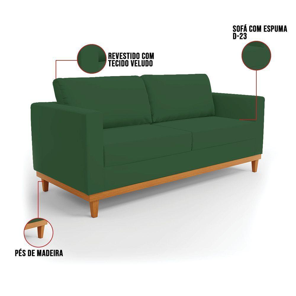 Sofá 03 Lugares Juliette Veludo Base Madeira Castanho Verde - 4