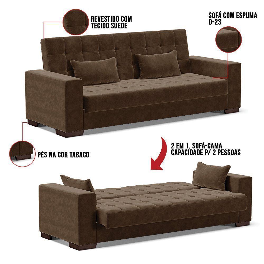 Sofá Cama 02 Lugares Lisboa Suede Pés De Madeira Cor Marrom - 2