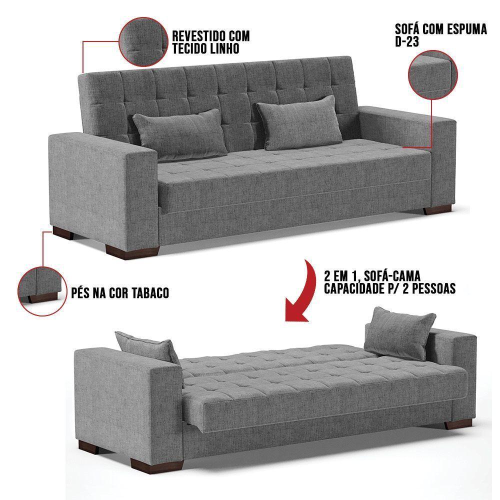 Sofá Cama 02 Lugares Lisboa Linho - D'Rossi Cor A26 Grafite - 2