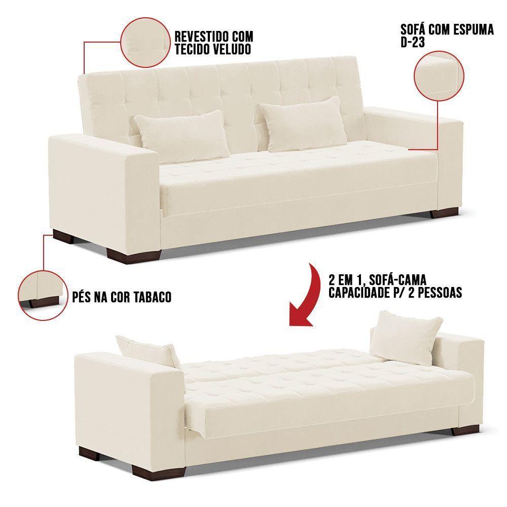Sofá Cama 02 Lugares Lisboa Veludo - D'Rossi Cor Bege - 2