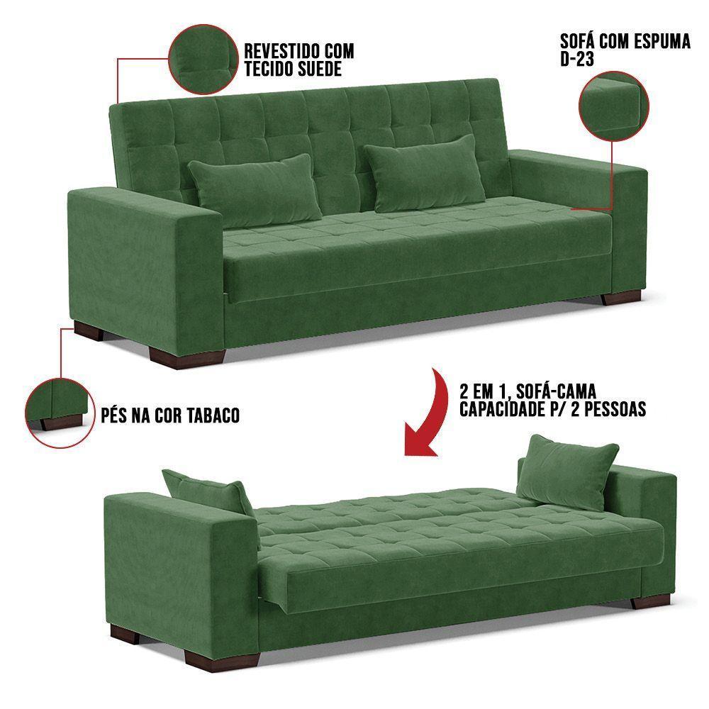 Sofá Cama 02 Lugares Lisboa Suede Pés De Madeira Cor Verde - 2