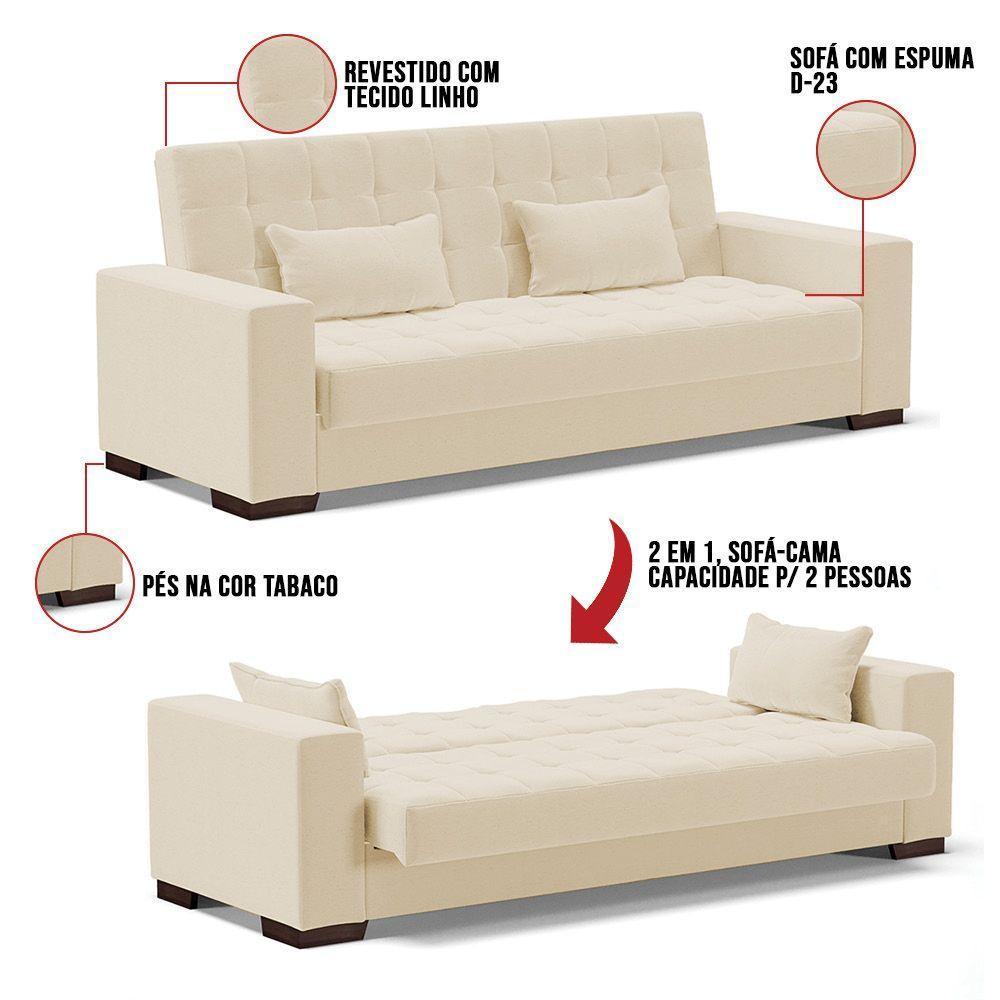 Sofá Cama 02 Lugares Lisboa Linho - D'Rossi Cor A19 Bege - 2