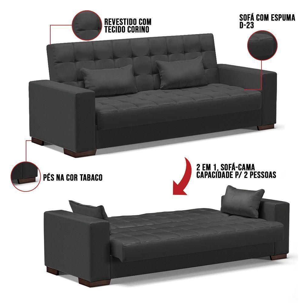 Sofá Cama 02 Lugares Lisboa Corino - D'Rossi Cor Preto - 2