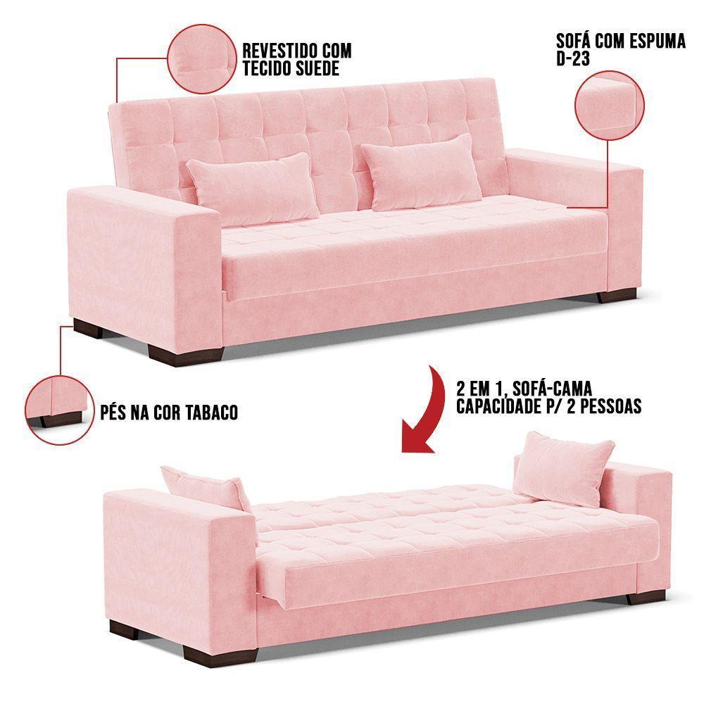 Sofá Cama 02 Lugares Lisboa Pés De Madeira Cor Rosa Bebê - 2