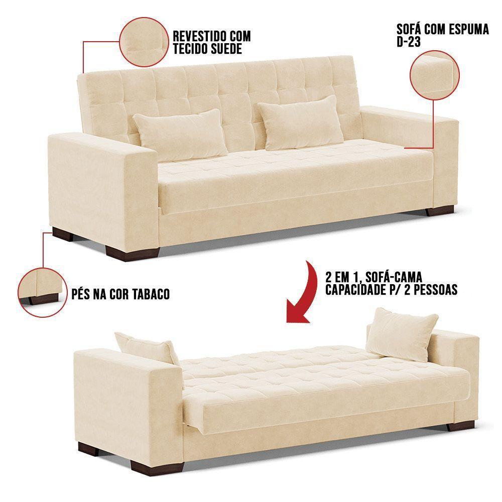 Sofá Cama 02 Lugares Lisboa Suede Pés De Madeira Cor Bege - 2